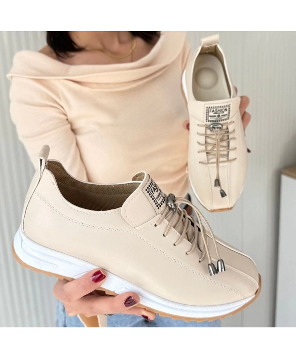 Monya Bej Cilt Bağcıklı Spor Ayakkabı