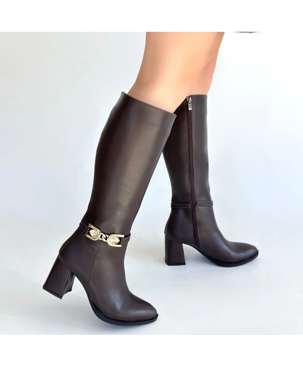 Mooni Kahverengi Cilt Topuklu Çizme