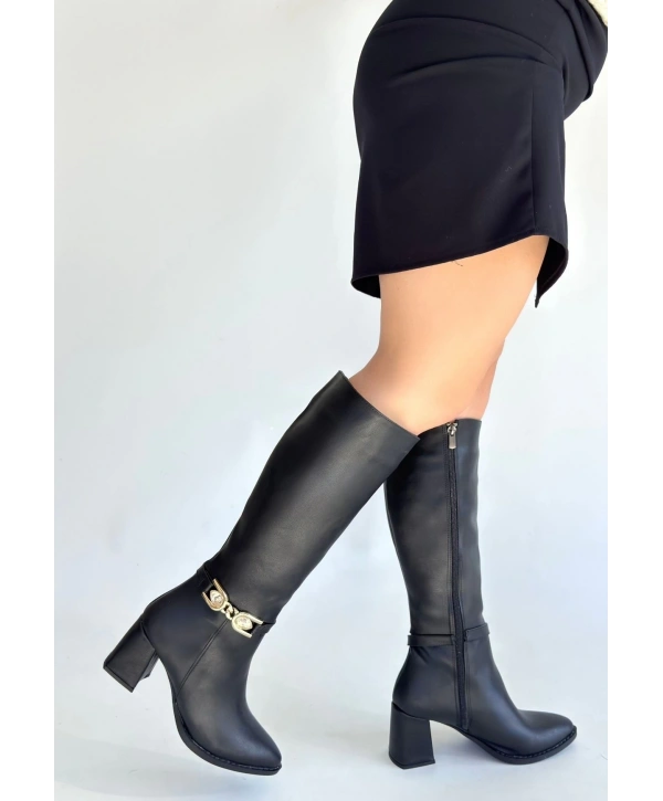 Mooni Siyah Cilt Topuklu Çizme