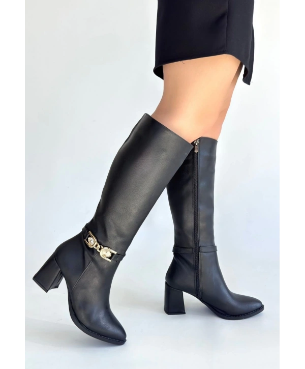 Mooni Siyah Cilt Topuklu Çizme