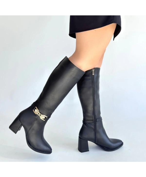 Mooni Siyah Cilt Topuklu Çizme