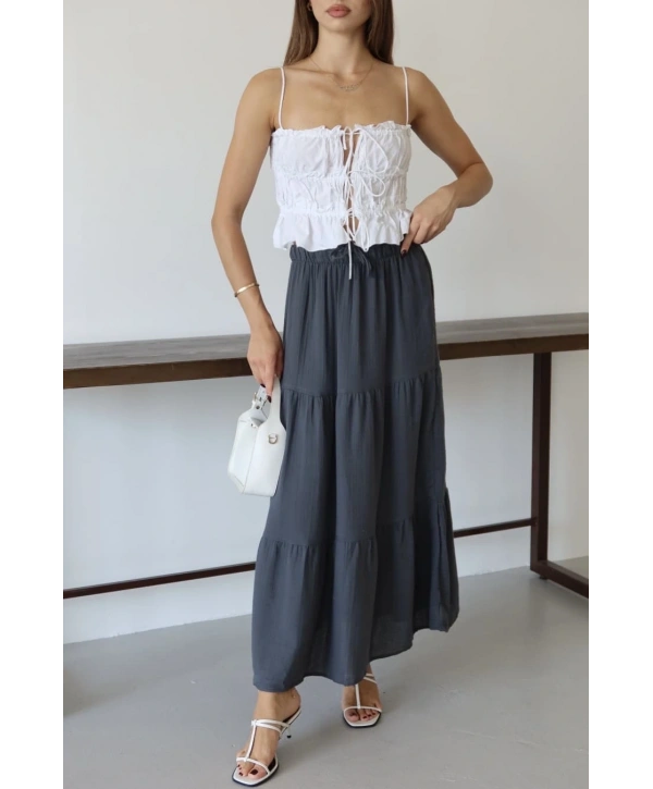 Müslin kumaş keten uzun etek antrasit pt