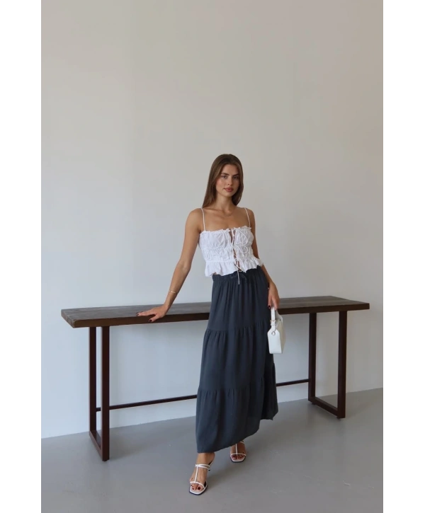 Müslin kumaş keten uzun etek antrasit pt