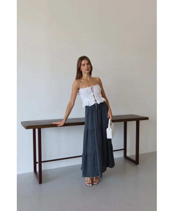 Müslin kumaş keten uzun etek antrasit pt