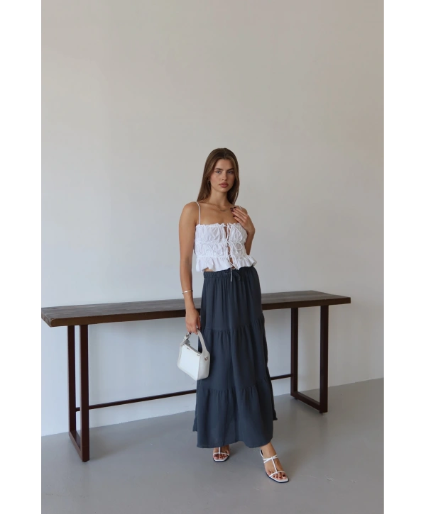 Müslin kumaş keten uzun etek antrasit pt