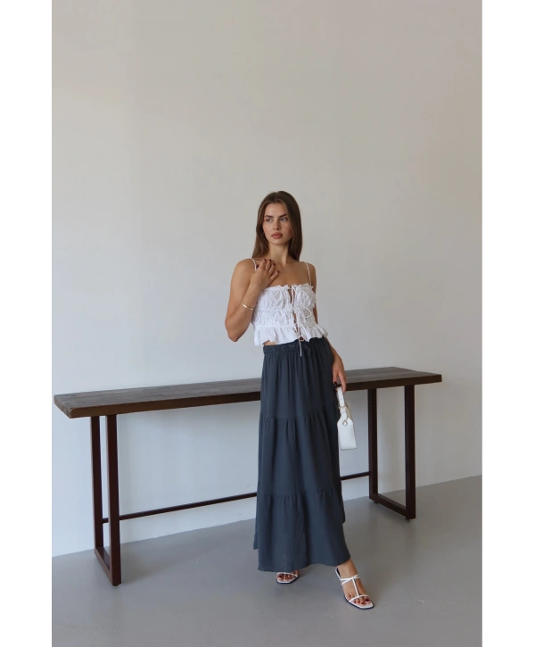 Müslin kumaş keten uzun etek antrasit pt