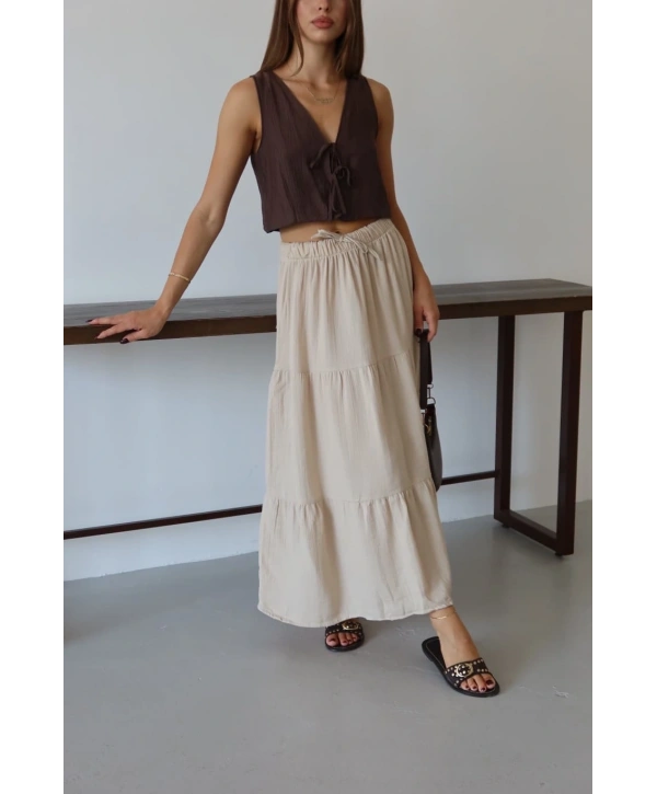 Müslin kumaş keten uzun etek bej pt