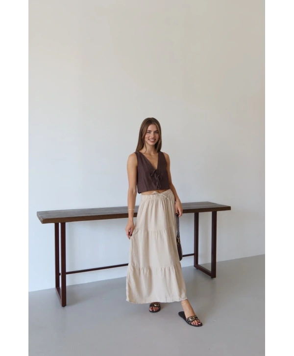 Müslin kumaş keten uzun etek bej pt