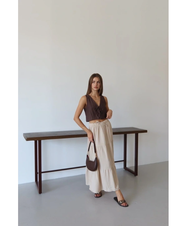 Müslin kumaş keten uzun etek bej pt