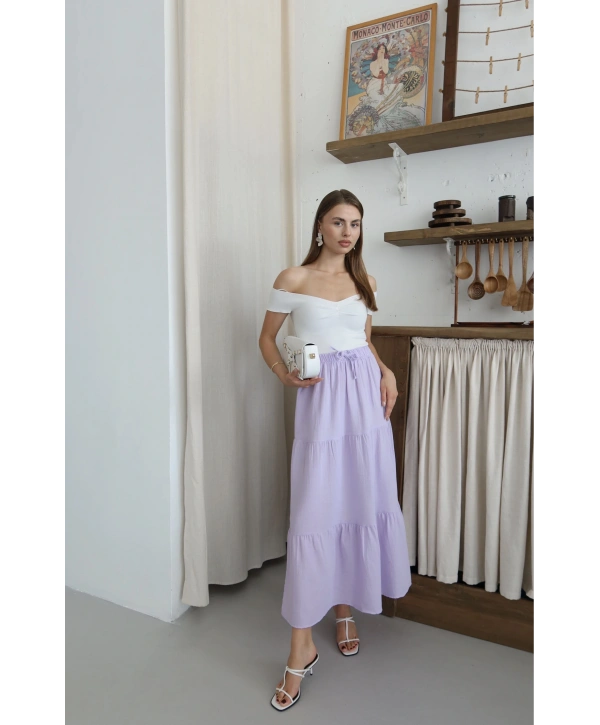 Müslin kumaş keten uzun etek lila pt