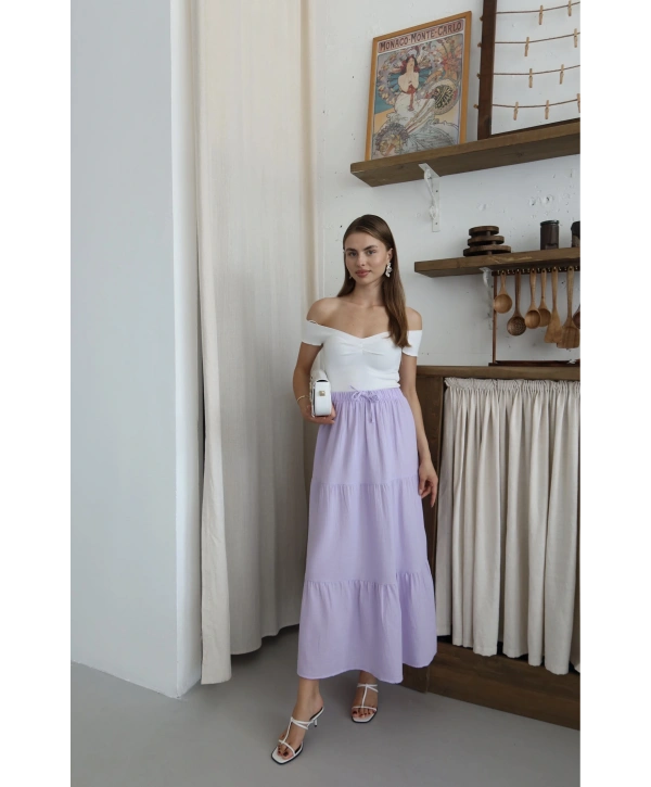 Müslin kumaş keten uzun etek lila pt