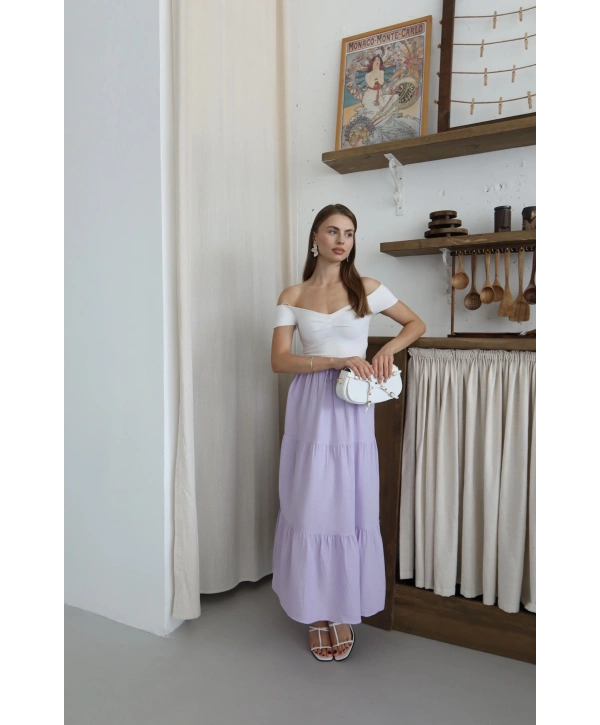 Müslin kumaş keten uzun etek lila pt