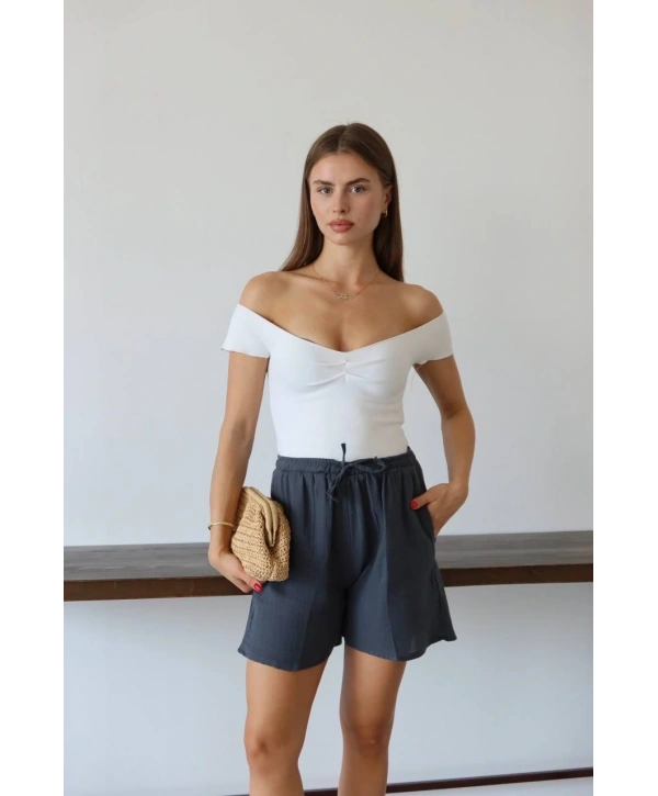 Müslin kumaş şort bağcıklı antrasit pt
