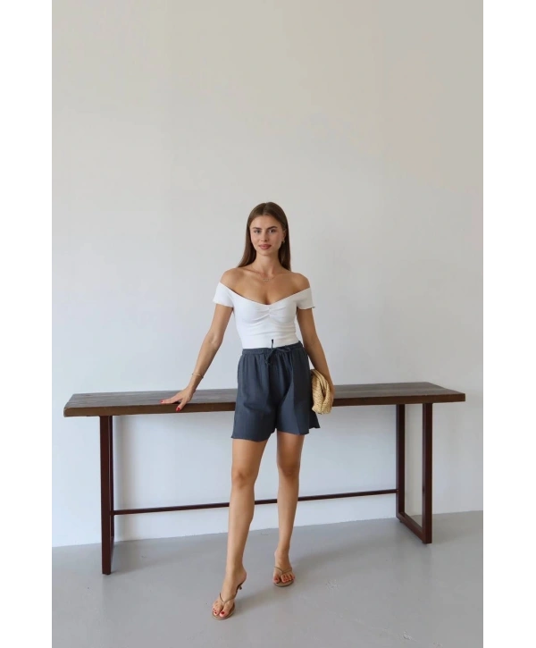 Müslin kumaş şort bağcıklı antrasit pt