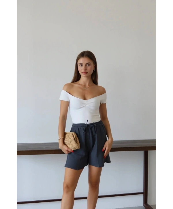 Müslin kumaş şort bağcıklı antrasit pt