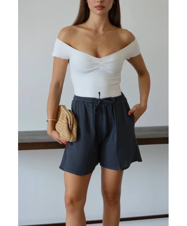 Müslin kumaş şort bağcıklı antrasit pt