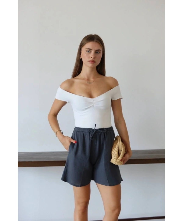 Müslin kumaş şort bağcıklı antrasit pt