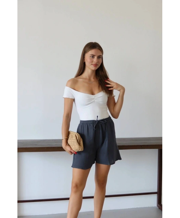 Müslin kumaş şort bağcıklı antrasit pt