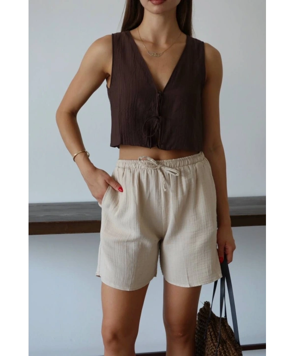 Müslin kumaş şort bağcıklı bej pt