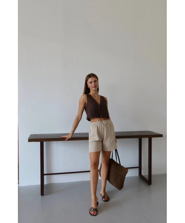 Müslin kumaş şort bağcıklı bej pt