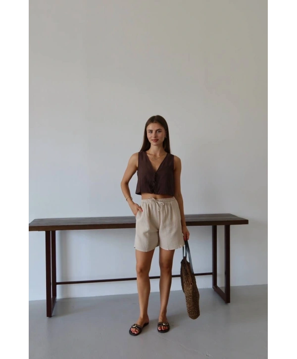 Müslin kumaş şort bağcıklı bej pt