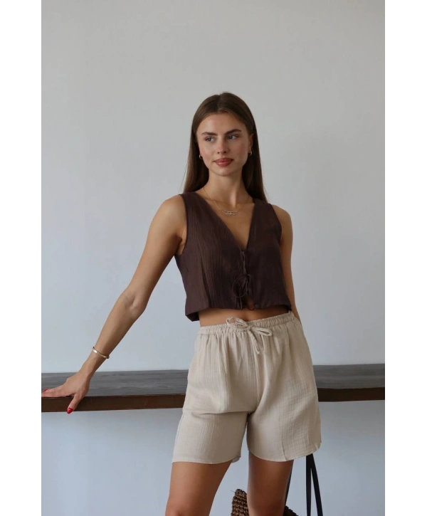 Müslin kumaş şort bağcıklı bej pt