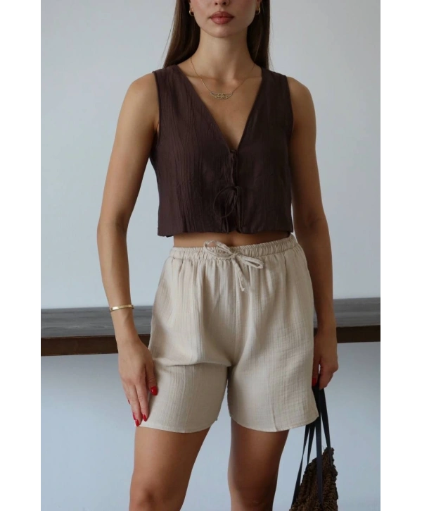 Müslin kumaş şort bağcıklı bej pt