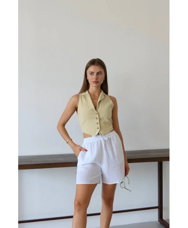 Müslin kumaş şort bağcıklı beyaz pt