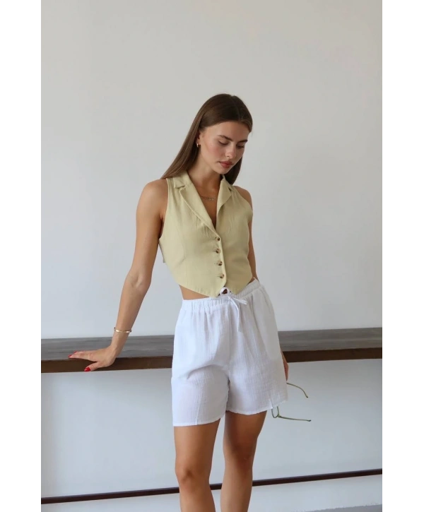 Müslin kumaş şort bağcıklı beyaz pt