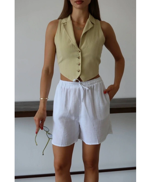 Müslin kumaş şort bağcıklı beyaz pt