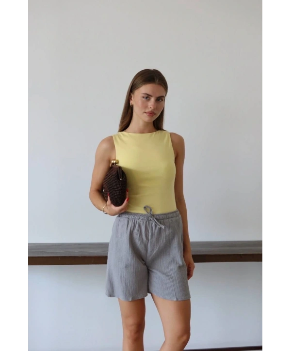 Müslin kumaş şort bağcıklı gri pt