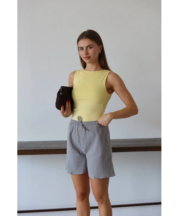 Müslin kumaş şort bağcıklı gri pt