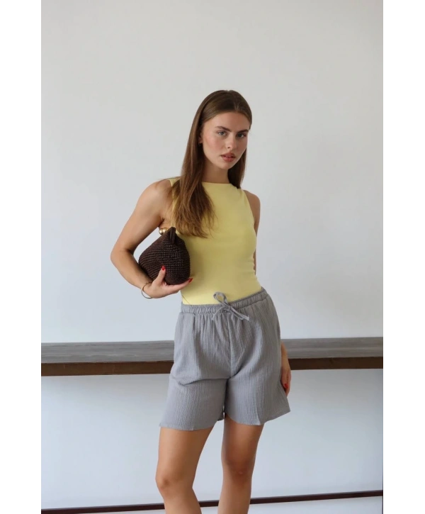 Müslin kumaş şort bağcıklı gri pt