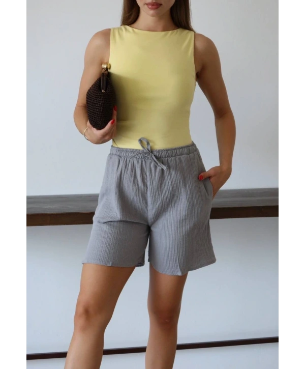 Müslin kumaş şort bağcıklı gri pt