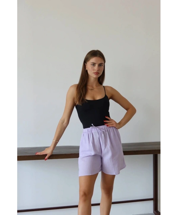 Müslin kumaş şort bağcıklı lila pt