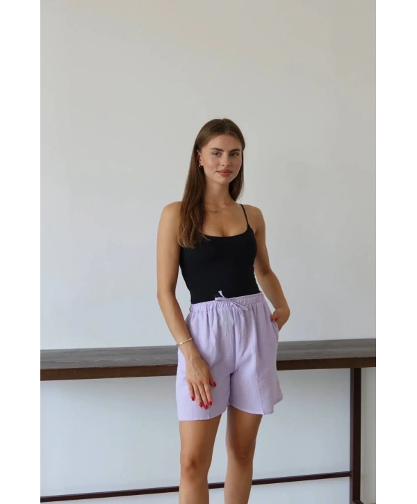 Müslin kumaş şort bağcıklı lila pt