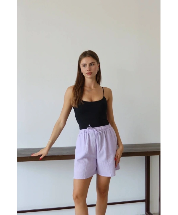 Müslin kumaş şort bağcıklı lila pt