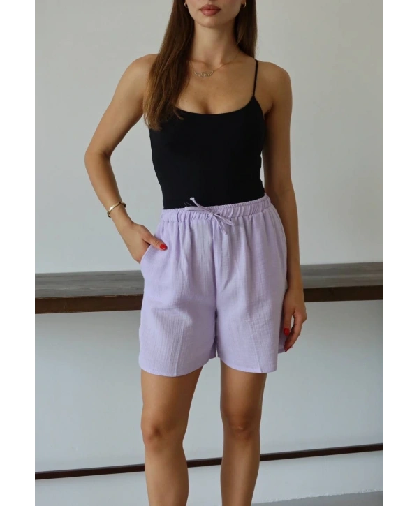 Müslin kumaş şort bağcıklı lila pt