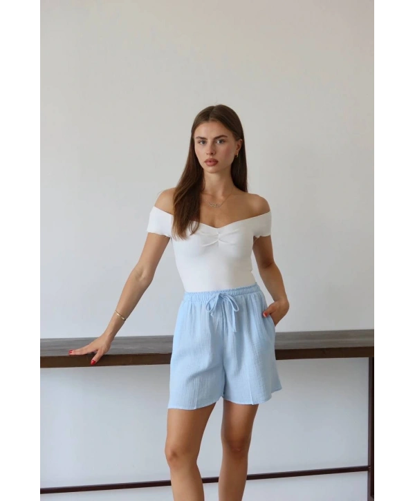 Müslin kumaş şort bağcıklı mavi pt