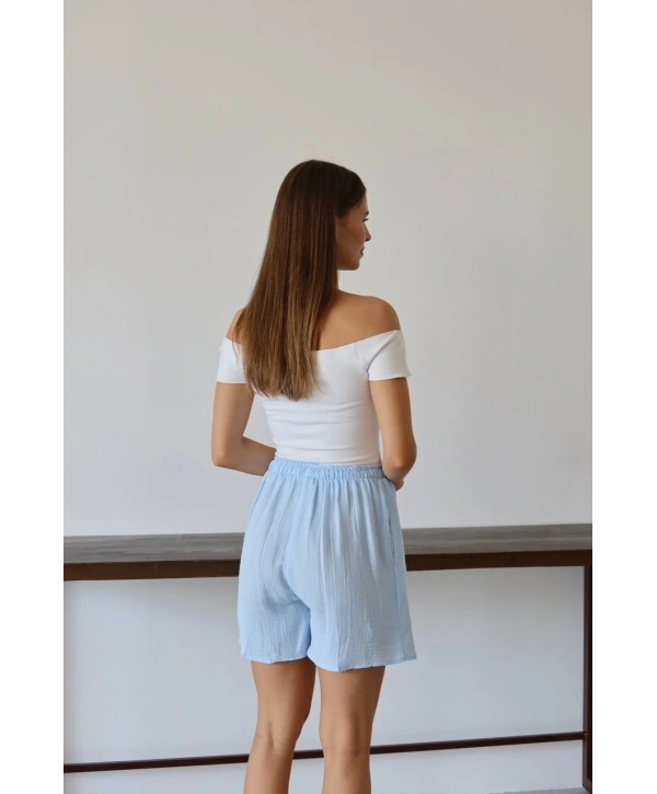 Müslin kumaş şort bağcıklı mavi pt