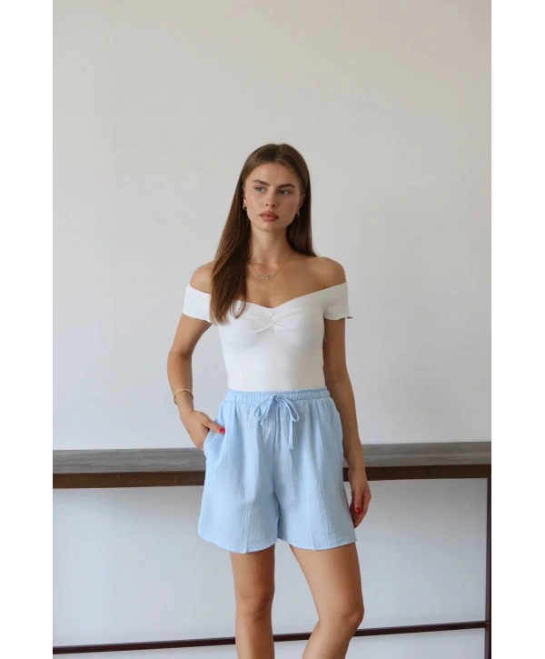 Müslin kumaş şort bağcıklı mavi pt