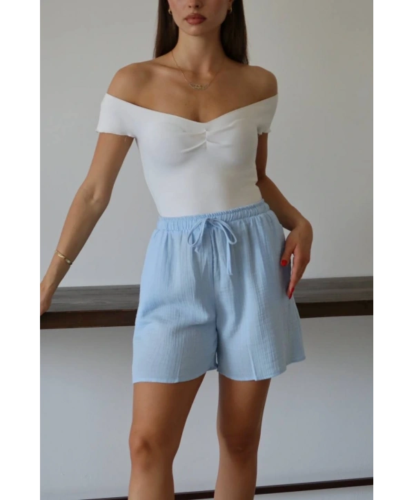 Müslin kumaş şort bağcıklı mavi pt