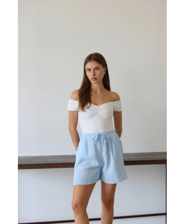 Müslin kumaş şort bağcıklı mavi pt