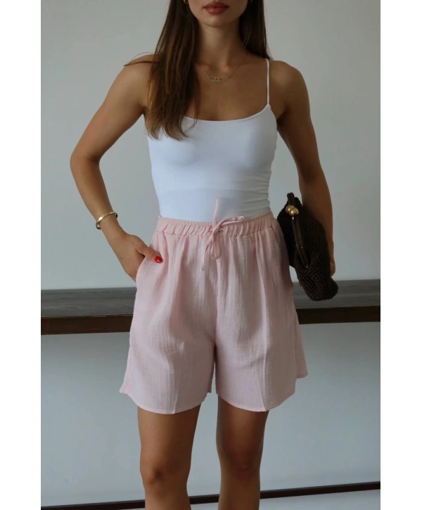 Müslin kumaş şort bağcıklı pembe pt