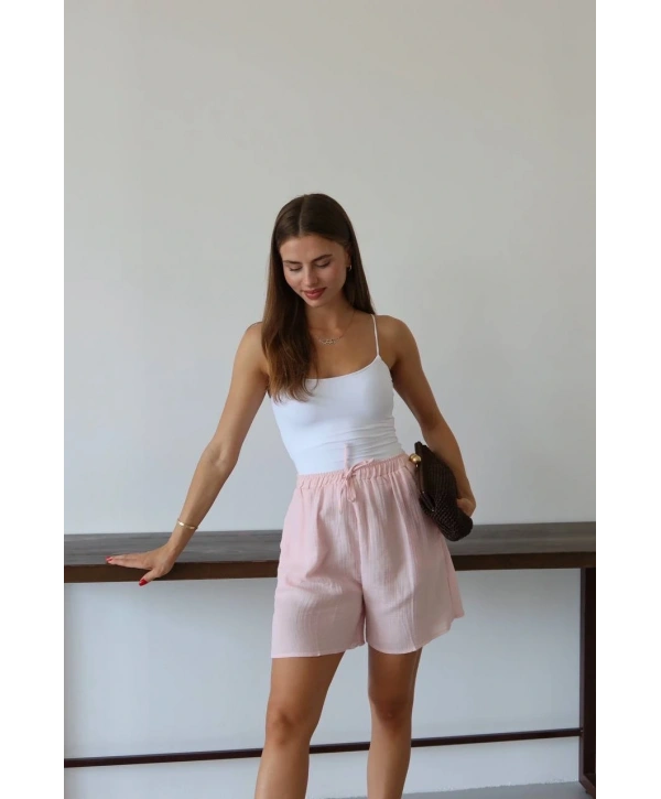 Müslin kumaş şort bağcıklı pembe pt