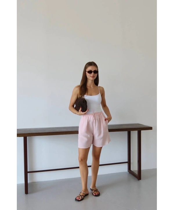 Müslin kumaş şort bağcıklı pembe pt