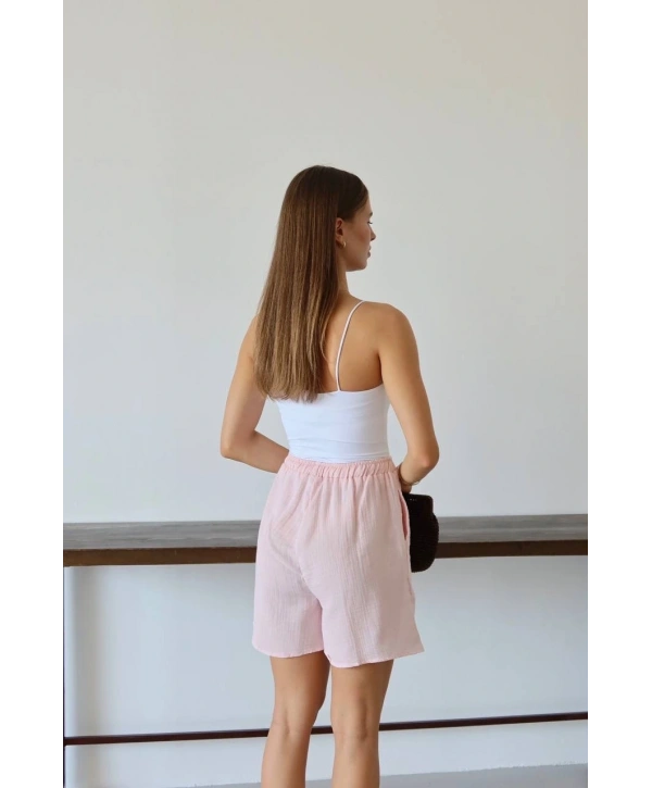 Müslin kumaş şort bağcıklı pembe pt