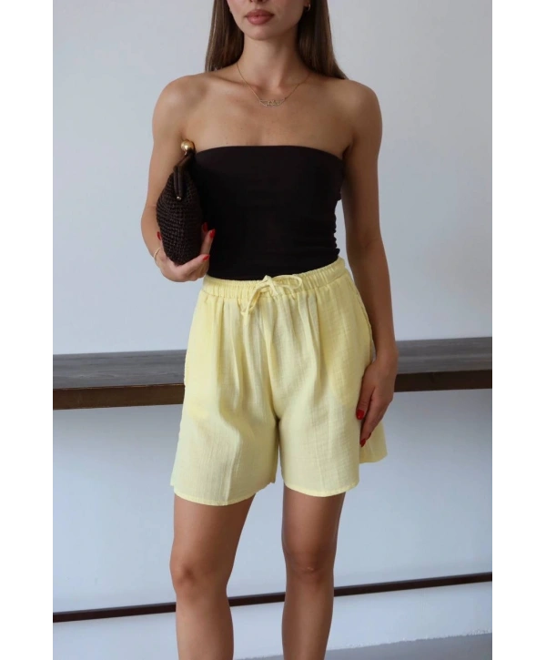 Müslin kumaş şort bağcıklı sarı pt