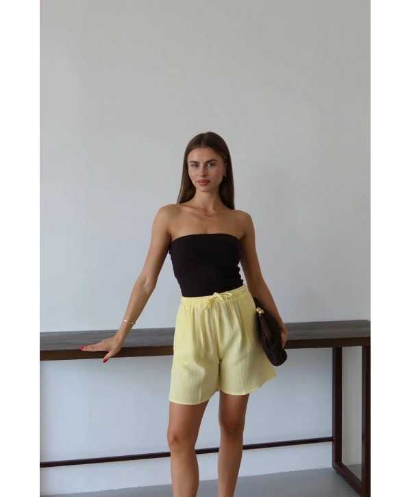 Müslin kumaş şort bağcıklı sarı pt