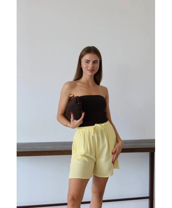 Müslin kumaş şort bağcıklı sarı pt